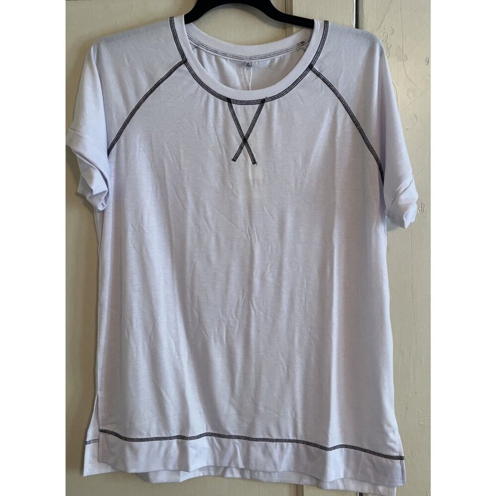 NWT Aokosor Women's Short Sleeve White Loose T-Shirt Blue Trim Size XL Soft